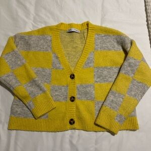 Zara Yellow and Gray Plaid Cardigan